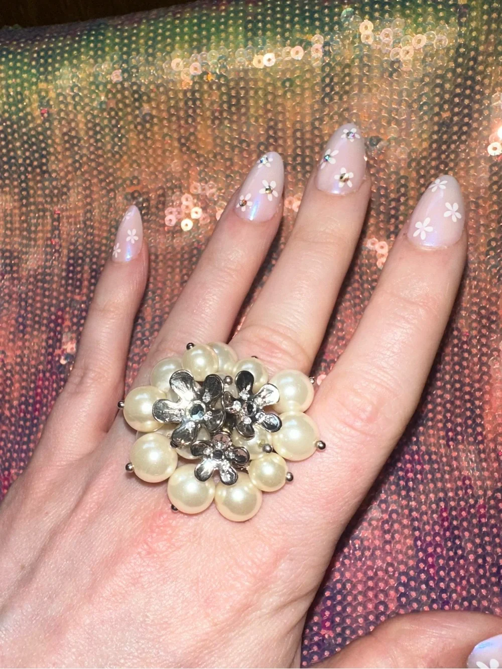 Floral & Pearl Cluster Silver Tone Stretch Ring